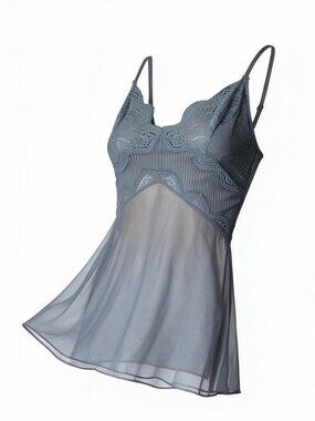 Victorias Secret Lingerie Top gray Lace Sheer Mesh Baby Doll Tank Nighty size S